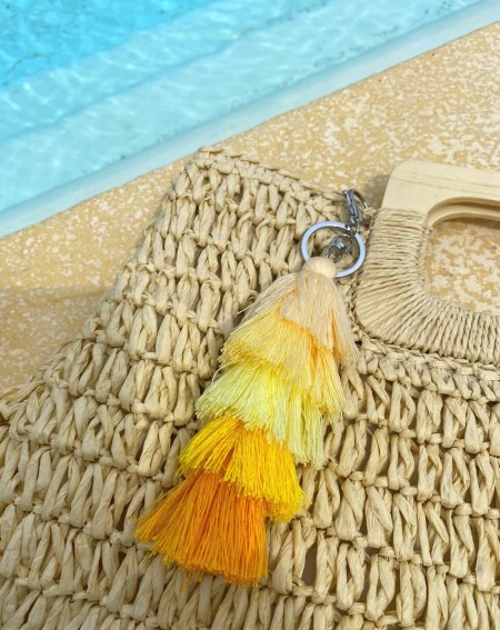 Bijoux de sac original à pompons multicolores jaune, beige et corail