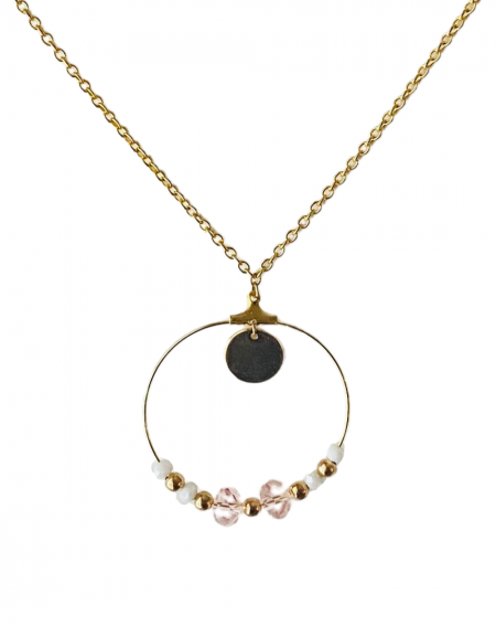 Collier chaine dorée au médaillon et perles blanches et cristal