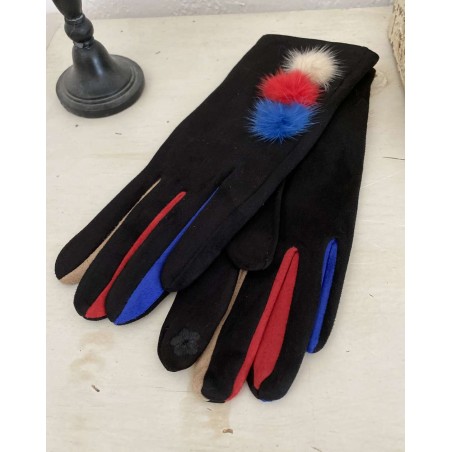 Gants noirs pour femmes aux 3 pompons et doigts multicolores