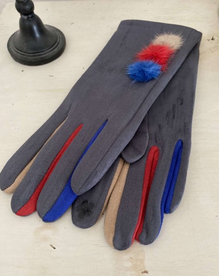 Gants gris pour femmes aux 3 pompons et doigts multicolores