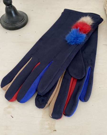 Gants bleu marine pour femmes aux 3 pompons et doigts multicolores