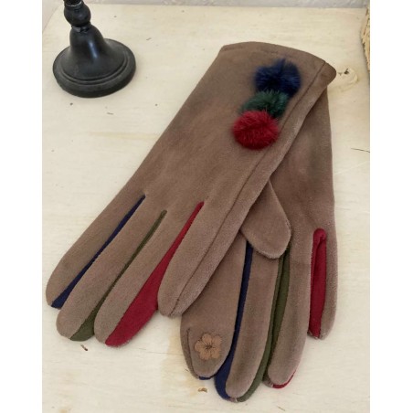 Gants marron pour femmes aux 3 pompons et doigts multicolores